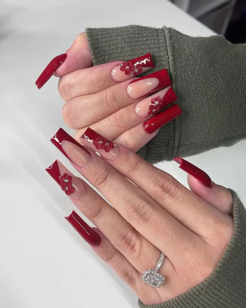 Flowal red rose long manicure