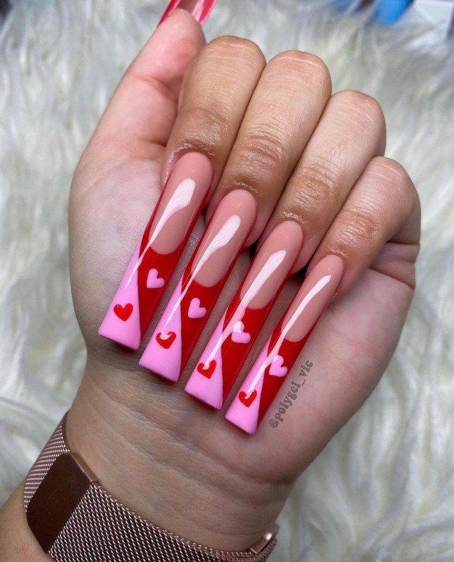 Long Pink and Red Heart Design Valentines day Nails