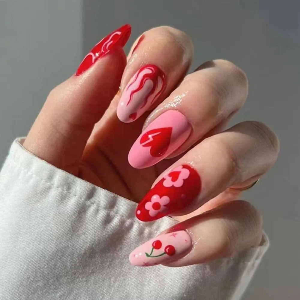 Red and pink Heart Valentine's Day manicure