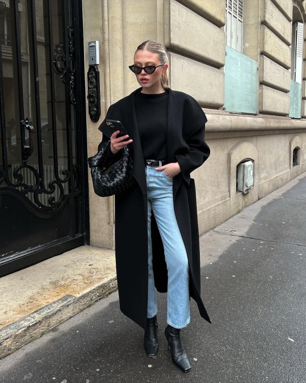 traight-Leg Jeans with black sweater and long coat