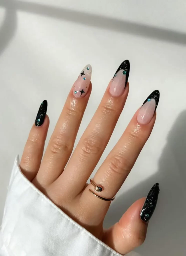 Black french tip nails with crystals