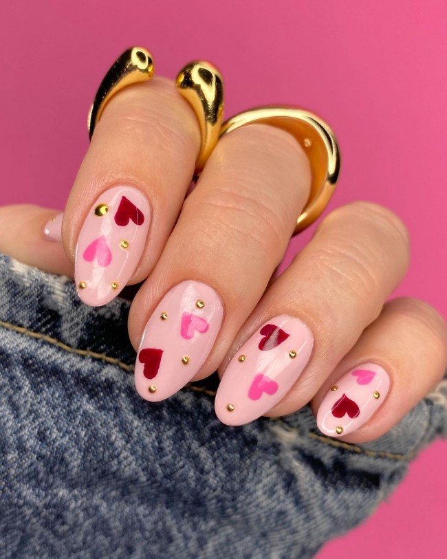 cute almond shape nails with red and pink heart