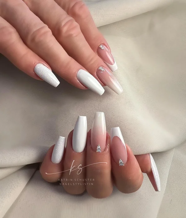 White Coffin Nails With Crystals