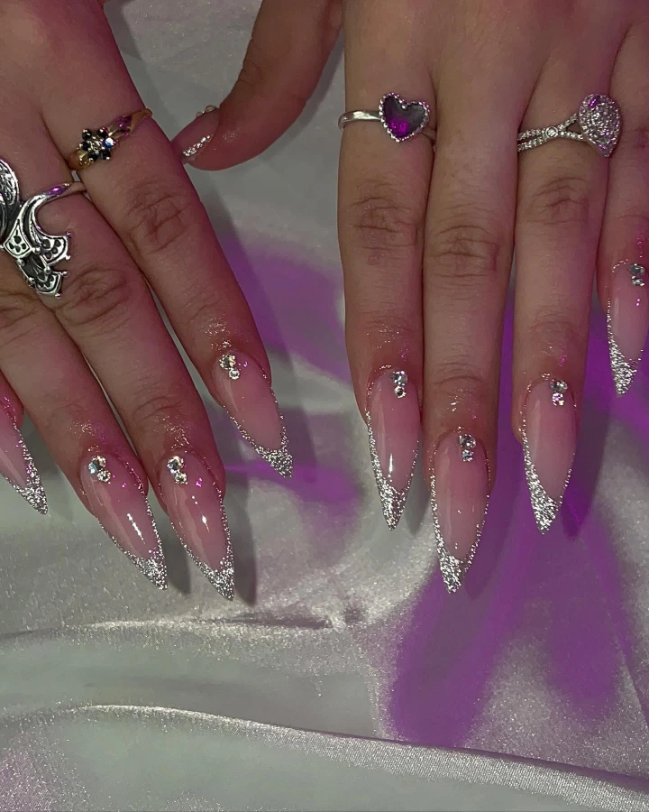 Silver French Tip Long nails with Diamonds