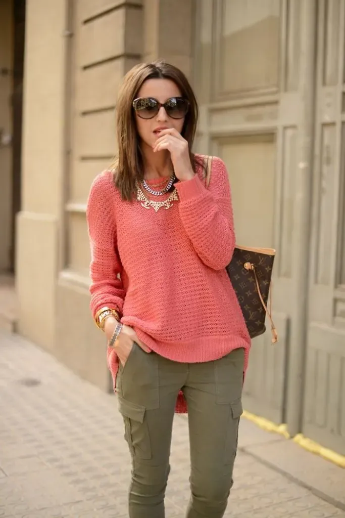 peach with olive color pants