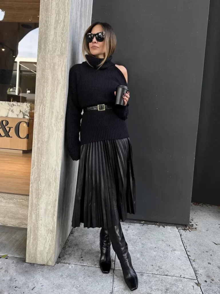 all black long leather skirt and sweater outfit