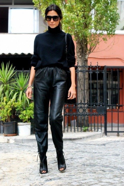 black sweater with leather pants