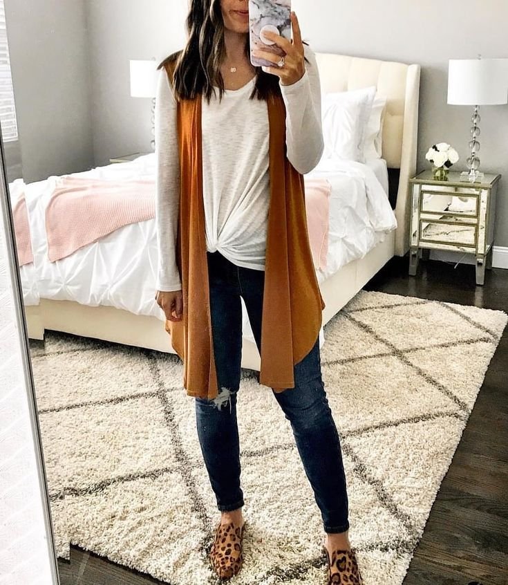 tan cardigan and jeans