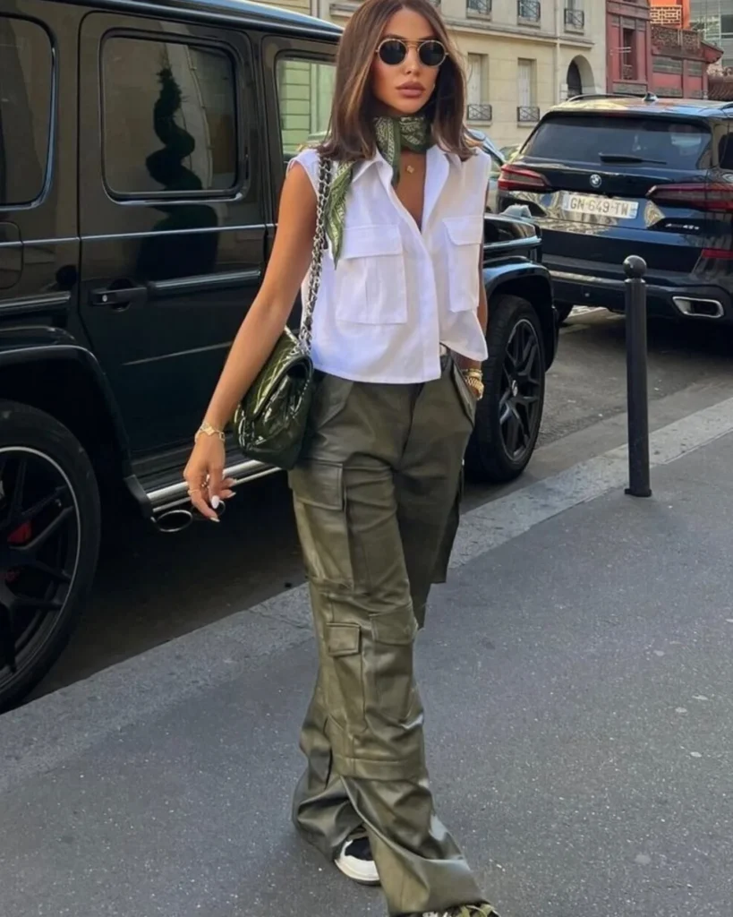 Woman wearing flat pocket shirt, green cargo pants walking on the street