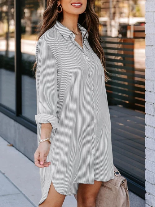 Womens Button Down Shirt Dresses with Pockets Cotton Striped Shirts