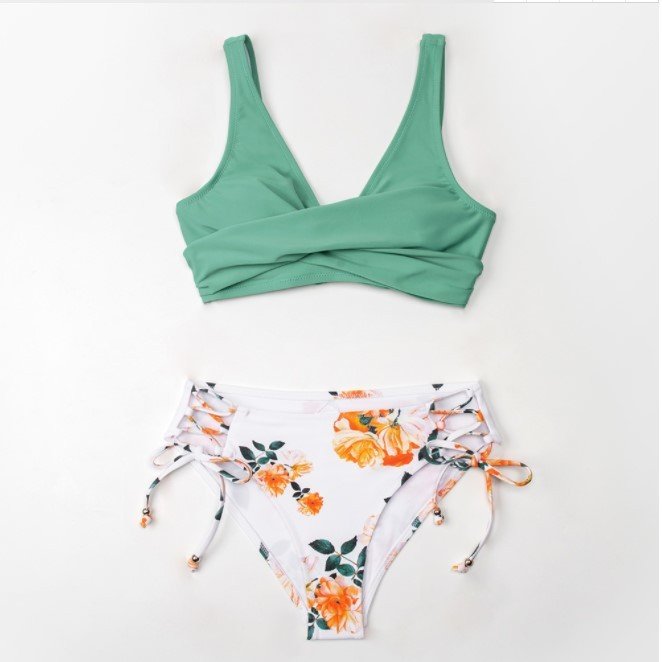 Swimsuit , two piece bikini floral and green solid top
