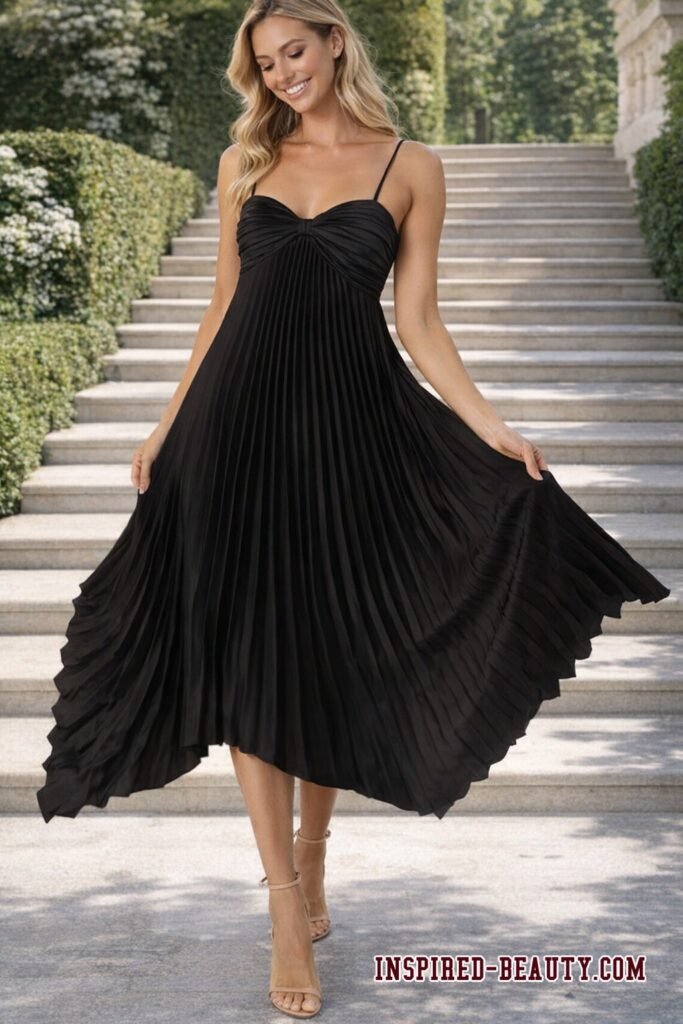 Pleated Sleeveless Satin Maxi Dress