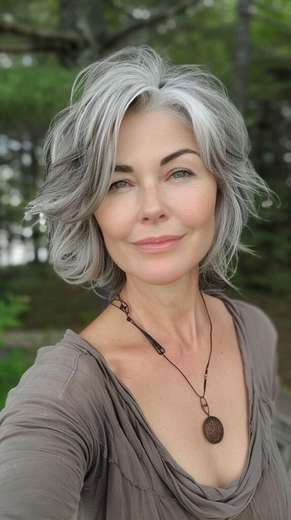 Hairstyle with a bang for thin gray hair over 50 women wavy haircut with curls