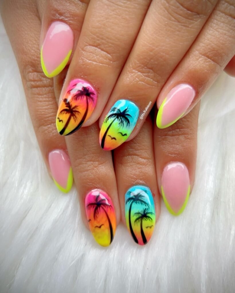 palm tree nails with rainbow