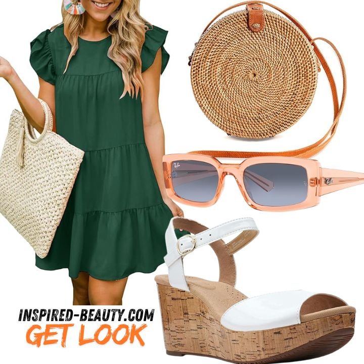 Ankle-strap heeled with Round Rattan Bag, Square Sunglasses and Babydoll Flowy Mini Dress