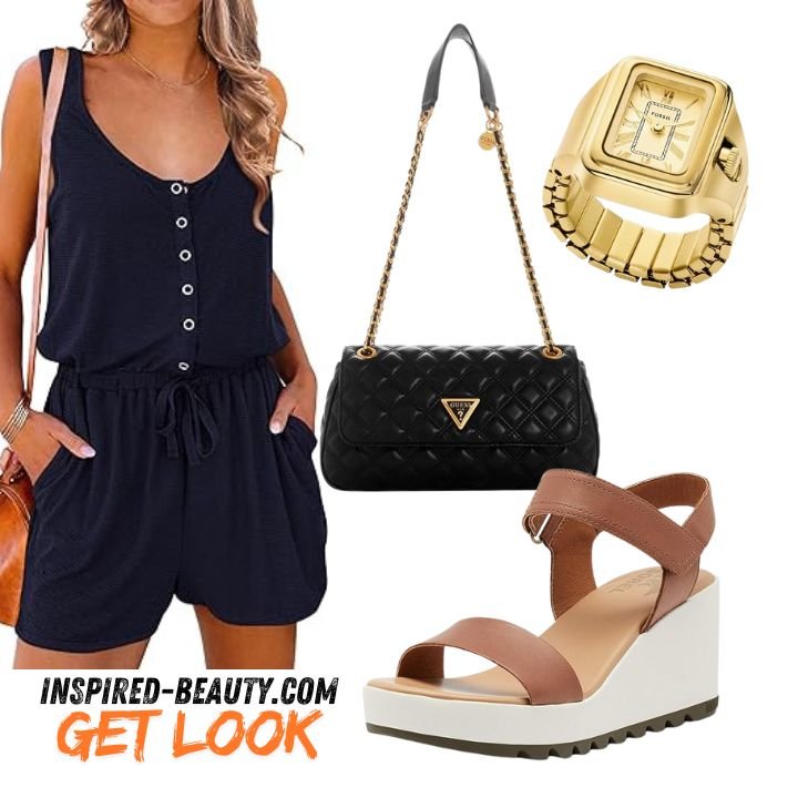 Black Crossbody Flap Bag with Sleeveless Tank Top Rompers, Stainless Steel Watch, and Cameron Wedge Sandals