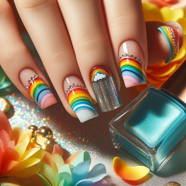 lovely nails with bright rainbow and silver