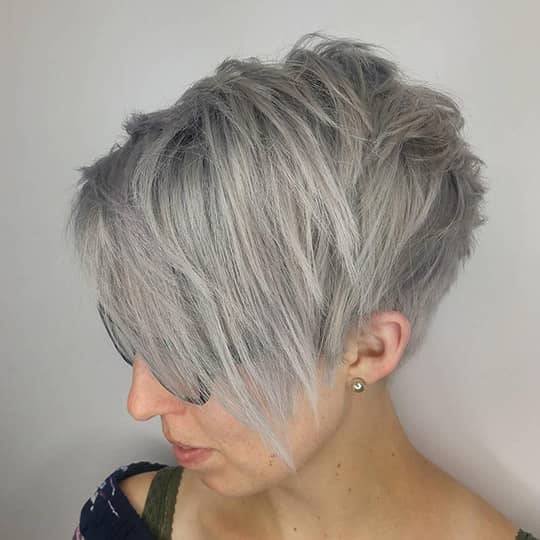 Hairstyles for Thin Hair Over 50, different type of inverted bob, great with gray hair side and back shaved sweep bang gray hair color