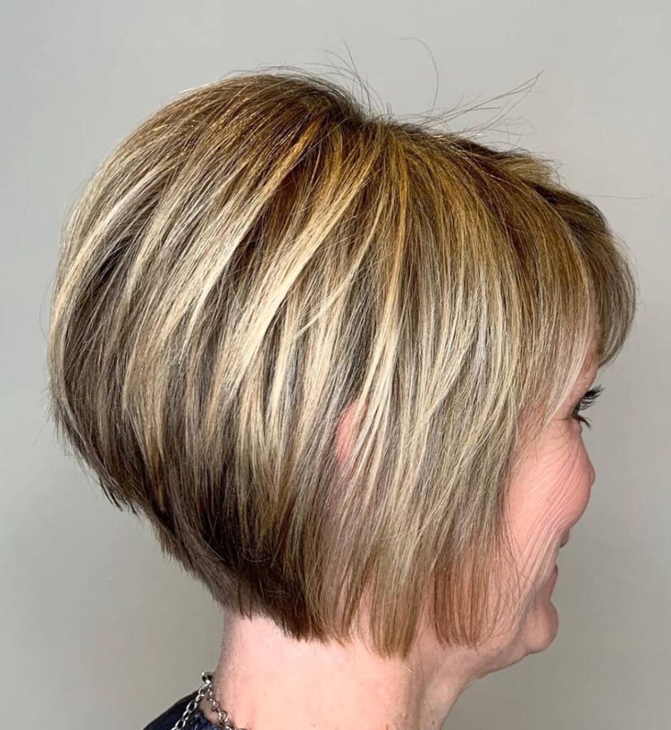 Hairstyles for Thin Hair Over 50, layered hair cut with high back and inverted bob short