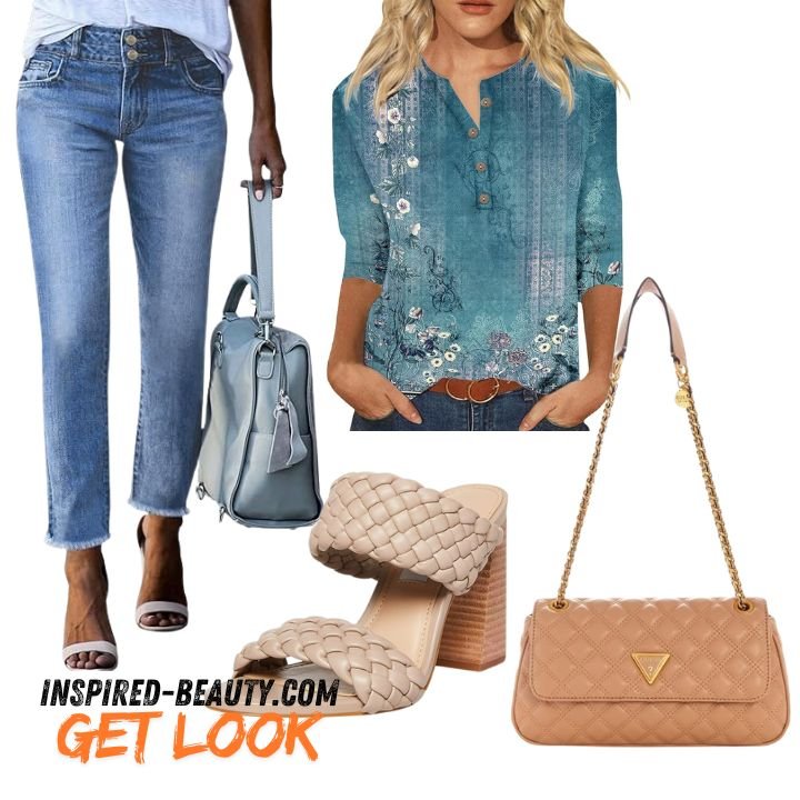 High Waisted Jeans with 34 Sleeve Tops Crossbody Bag and Tielo Heels