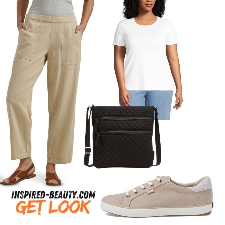 Lux Mid-Rise Pull-on Pants with White Cotton Rib T-Shirt, Sneaker and Hipster Crossbody Purse