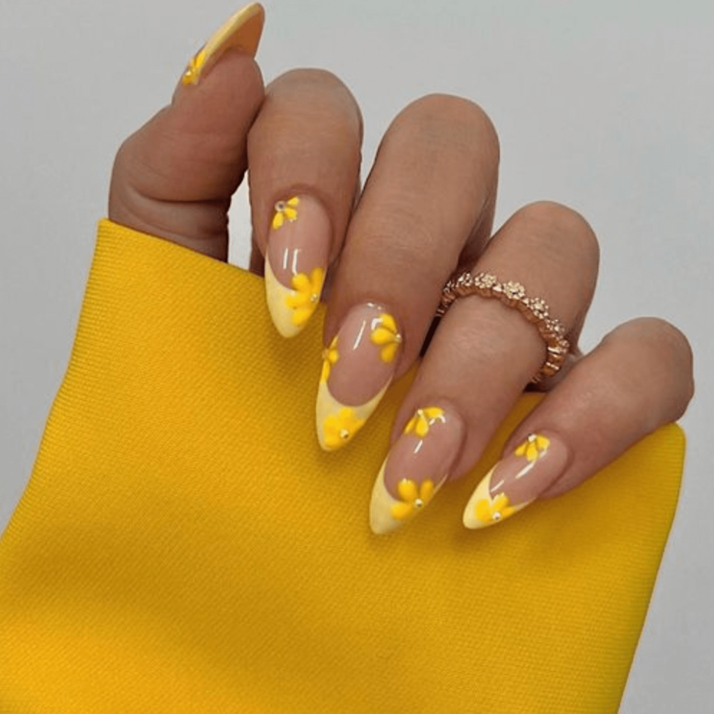 French Tips Yellow Oval Nails with Yellow Flowers Design