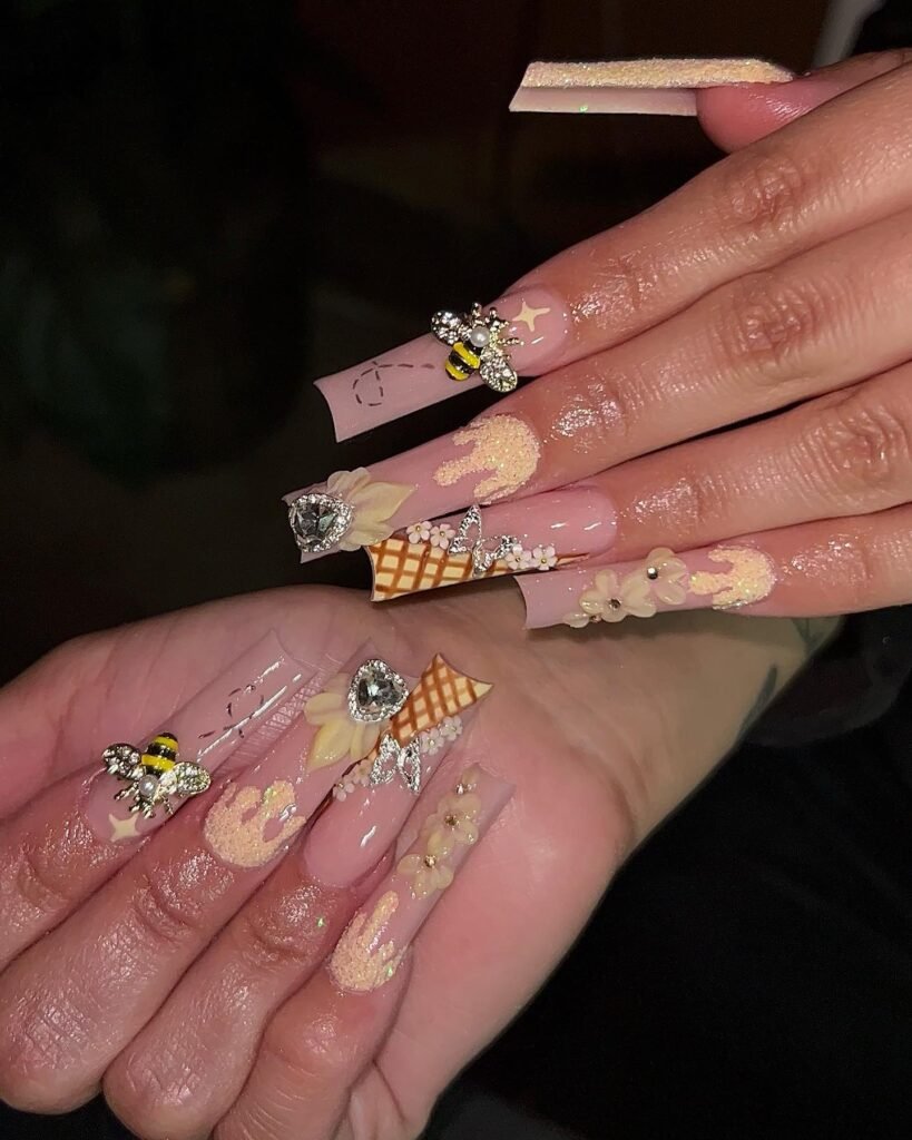 Gorgeous Yellow Nails with 3D Decals Designs, bee, Flowers, Sun long Nail art: