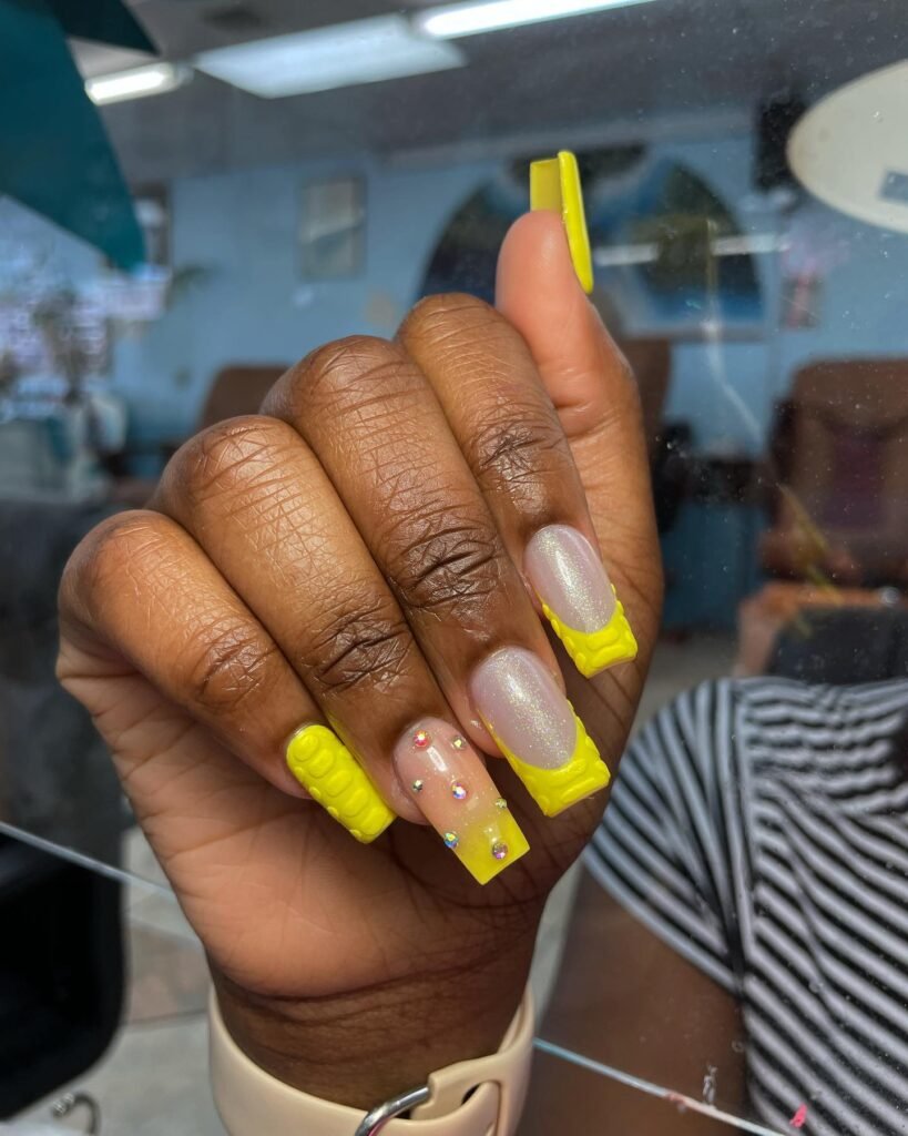 Yellow French Tip Nails with rhinestone Design Ideas