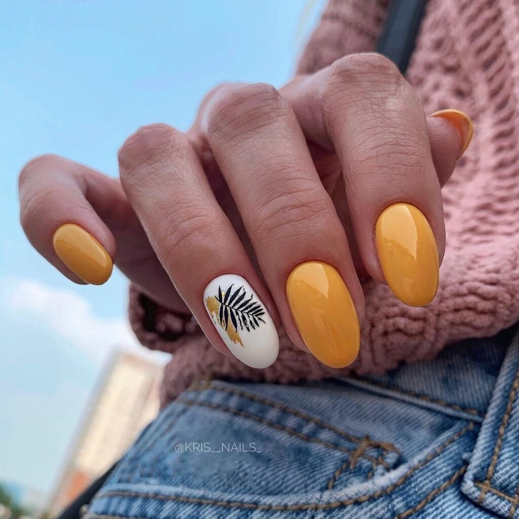 Oval Yellow Nail with Summer Leaf Design Cute short and Simple