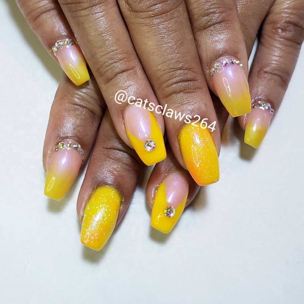 Rhinestone Glitter Yellow Tip Ombre Nails Design: 