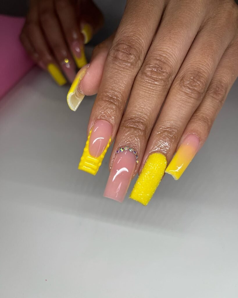 Rhinestone Sugar Glitter ombre Yellow flat tip nails