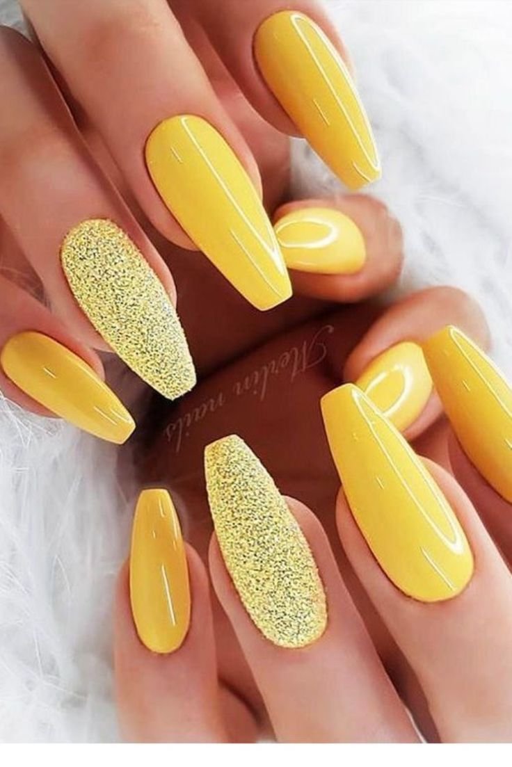 Sugar Glitter Long Coffin Nails Yellow Nail Polish