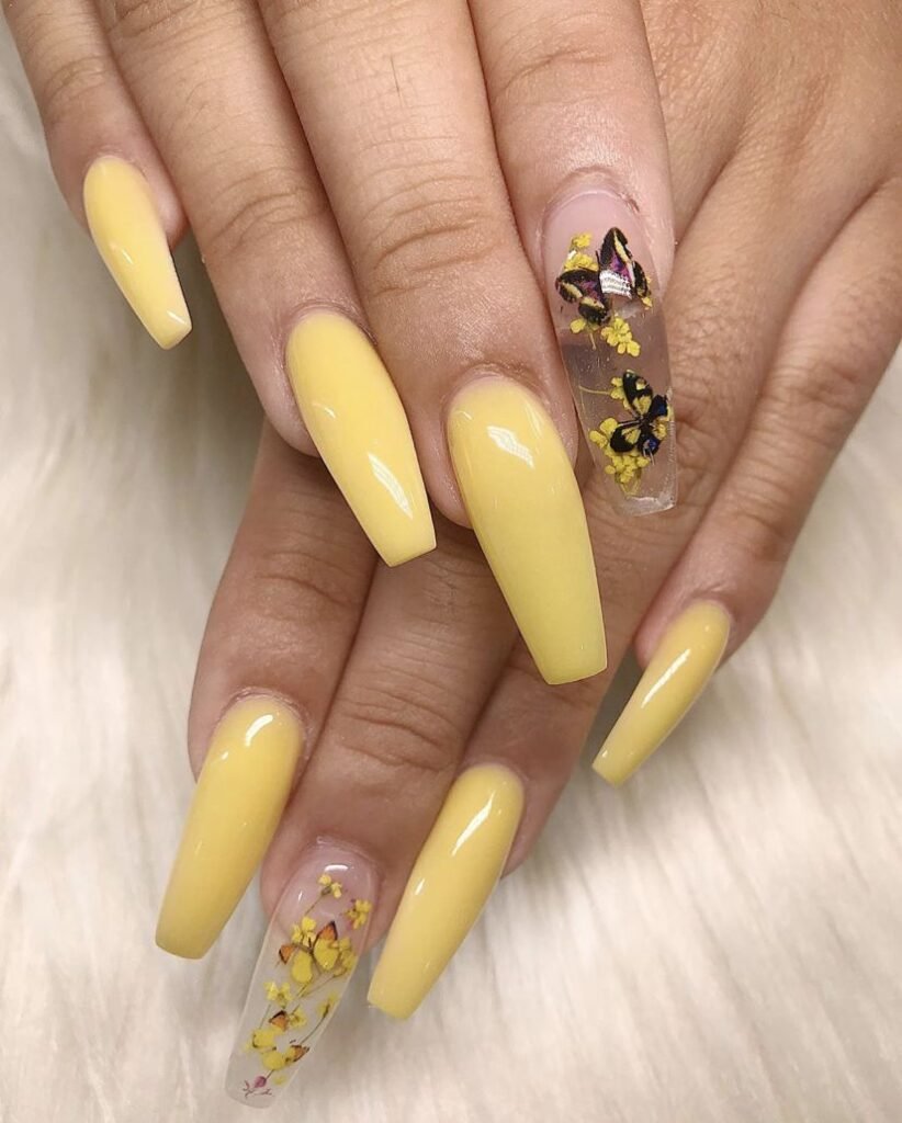 Yellow Summer Butterfly Coffin Nails 