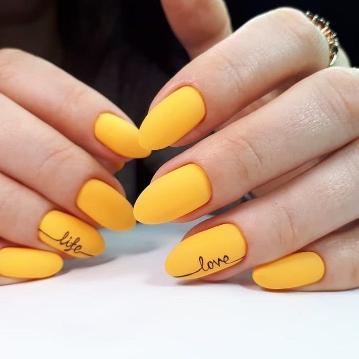 Matte Yellow Short Nails with Line design Summer color and Patterns