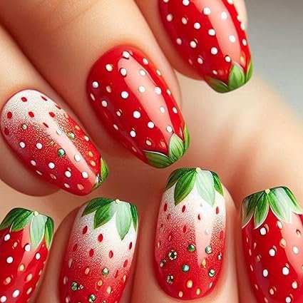 30Pcs Strawberry Press on Nails Short Square Fake Nails