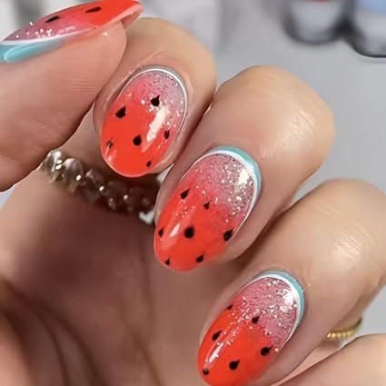 Cute Press on Nails Almond Fake Nails with Flower Watermelon Glitter Designs Glue on Nails