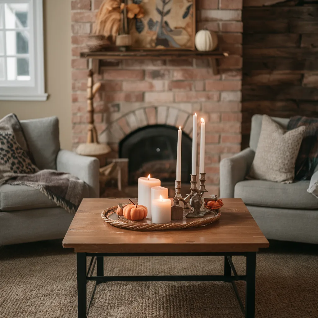 fall candle style decor simple fire place cozy table and chair