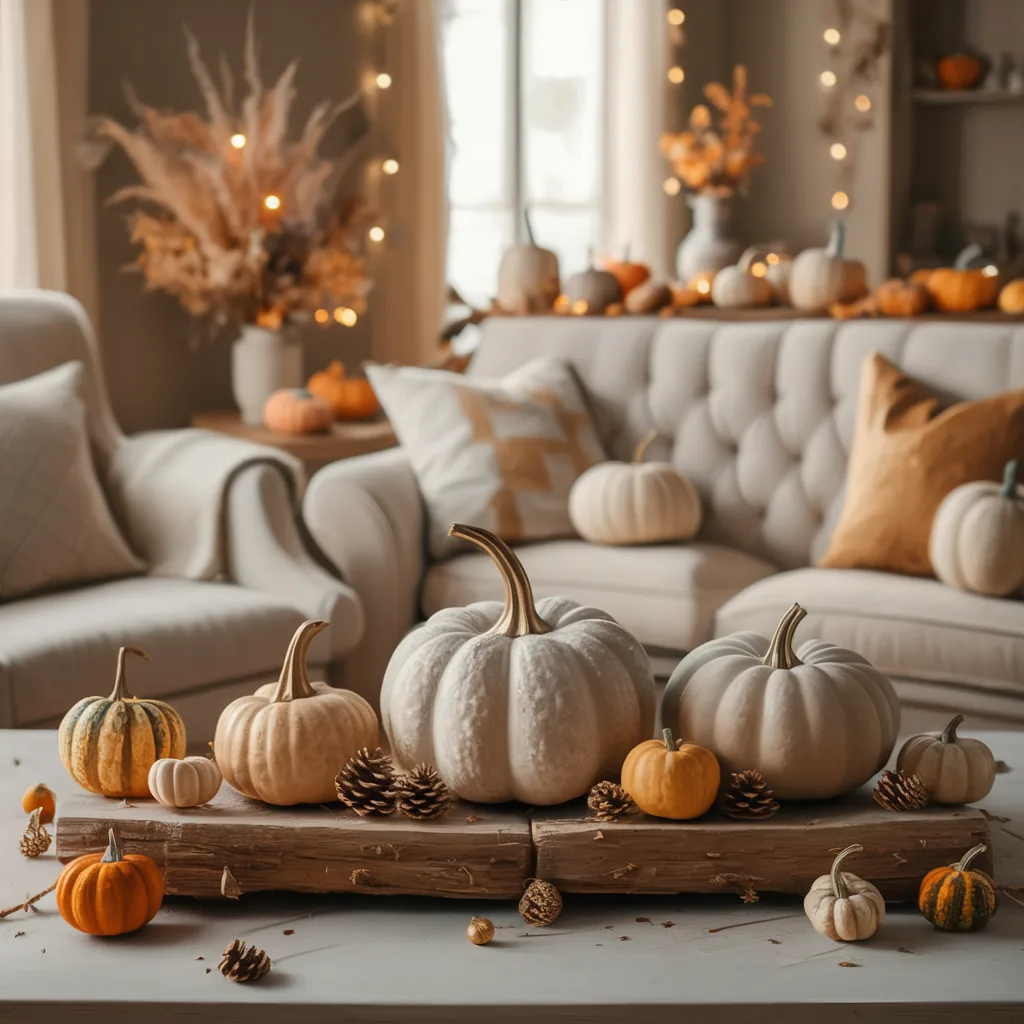 Get this design with this stunning white boho decoration, flawless white couch yellow, and white pumpkin pasted all over the room for that pumpkin fall decor mixed in an elegant boho light white style. 