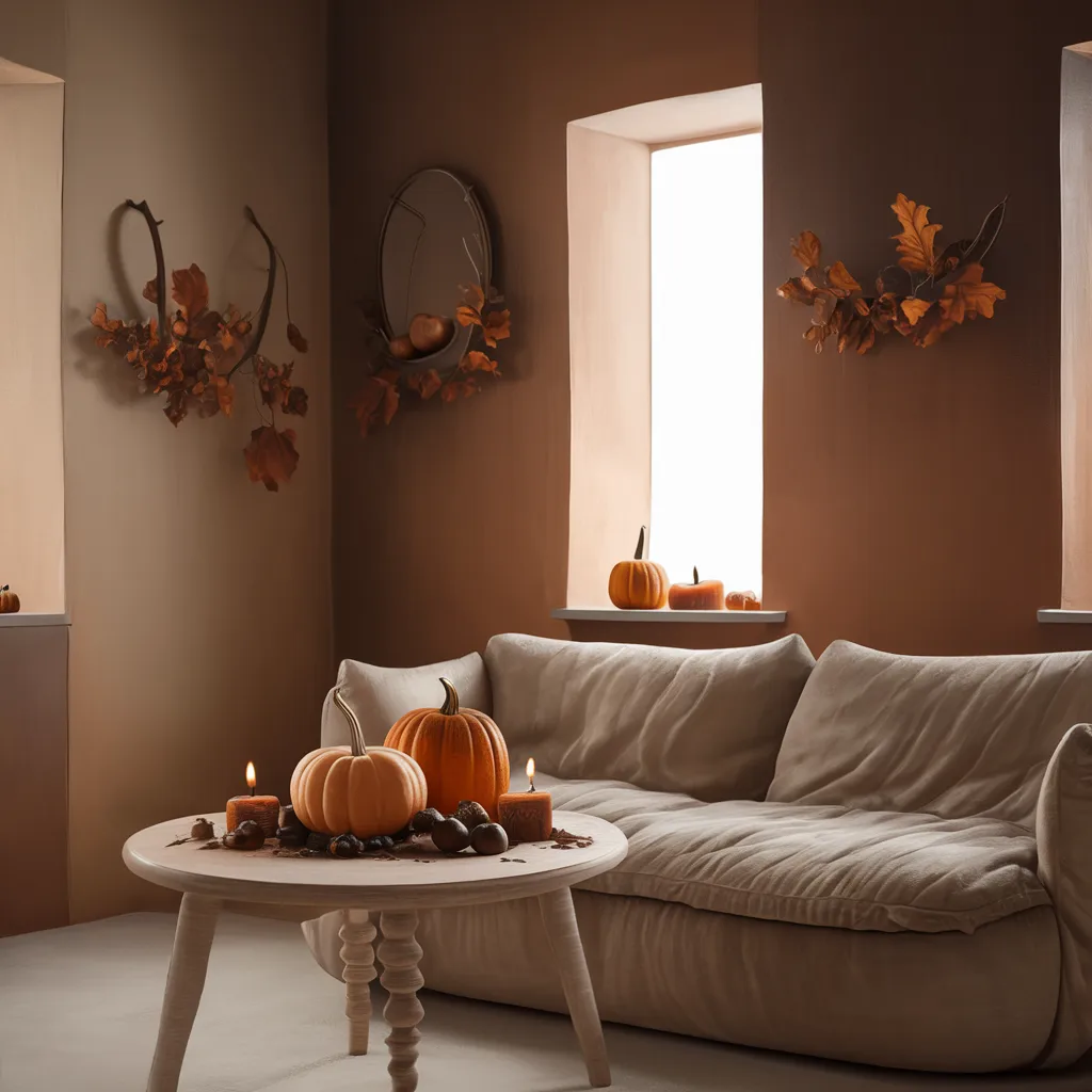 Simple Fall leaf decoration, fall leaf as wall art in a more unique but simple style, with pumpkin decoration on the table, makes for a great Indoor Fall Decor Idea