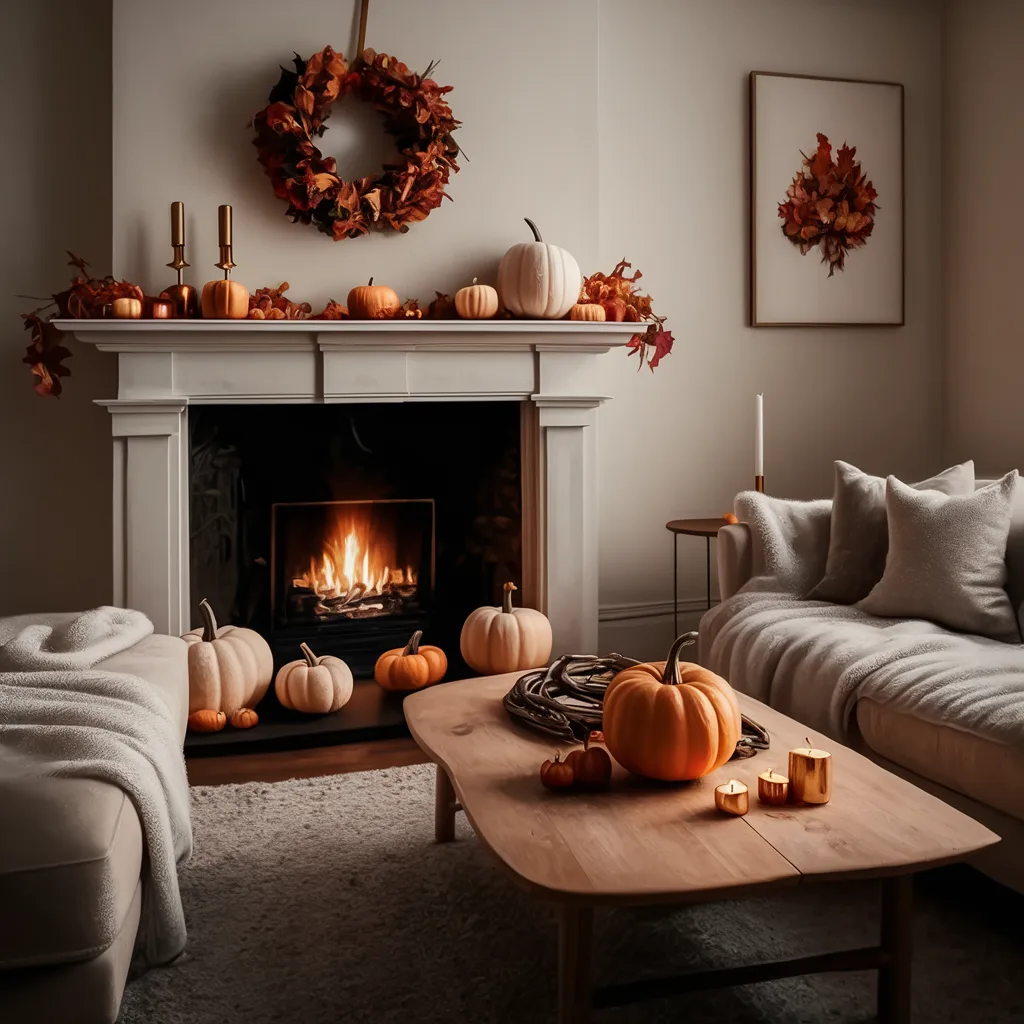 Cozy wall Decor Idea, fall wreath pumpkin candles white and orange Pumpkin, fall leaf wall art and more