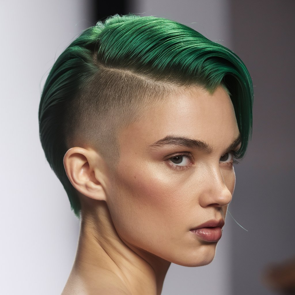 Slicked-Back Emerald Bixie Cut