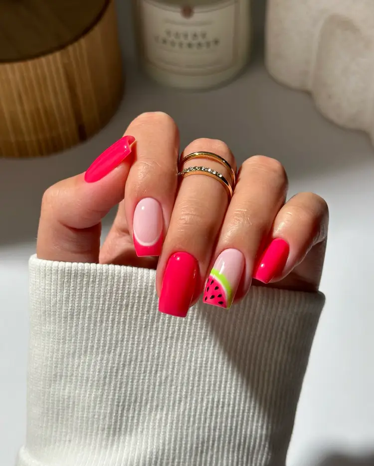 Vibrant and Cute: Red French tips with Watermelon Design for Every Occasion