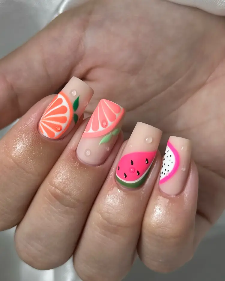 Seasonal Delight: Fresh Summer Orange and Watermelon Fingernails