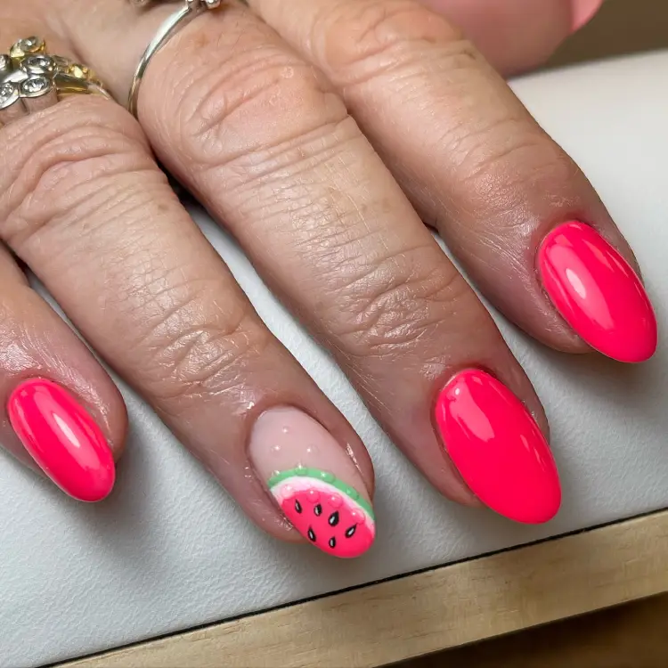 Short Oval Pink nails with Watermelon Summer Design