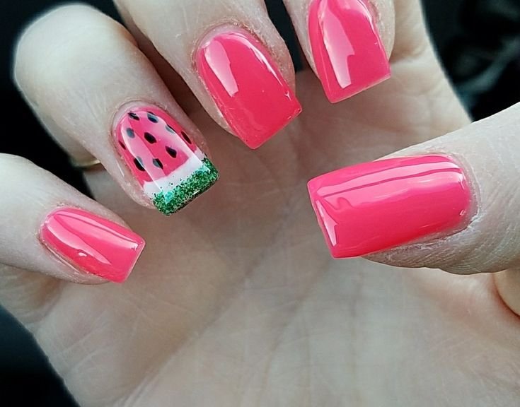 Short Flat Tip Green, pink and Black nails