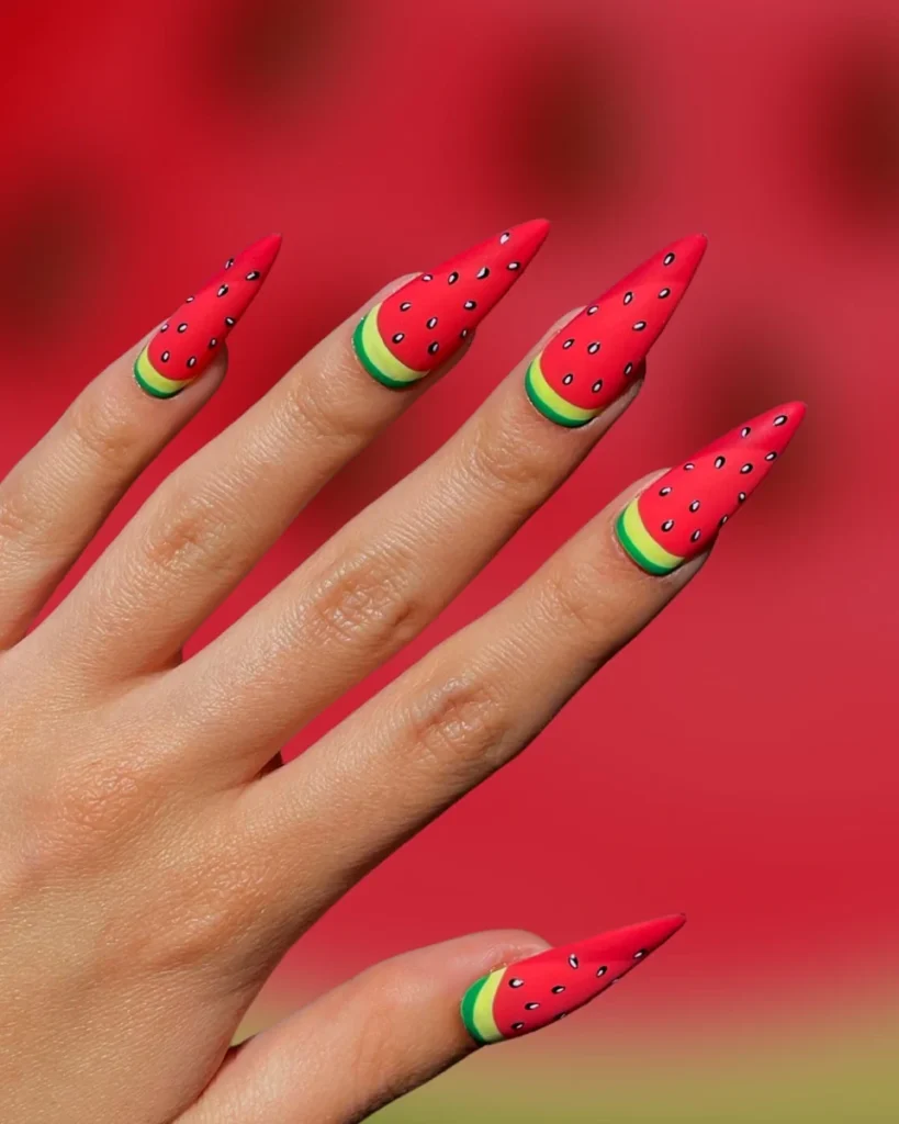 Bring vibrant vibes to your summer with cute watermelon nails.