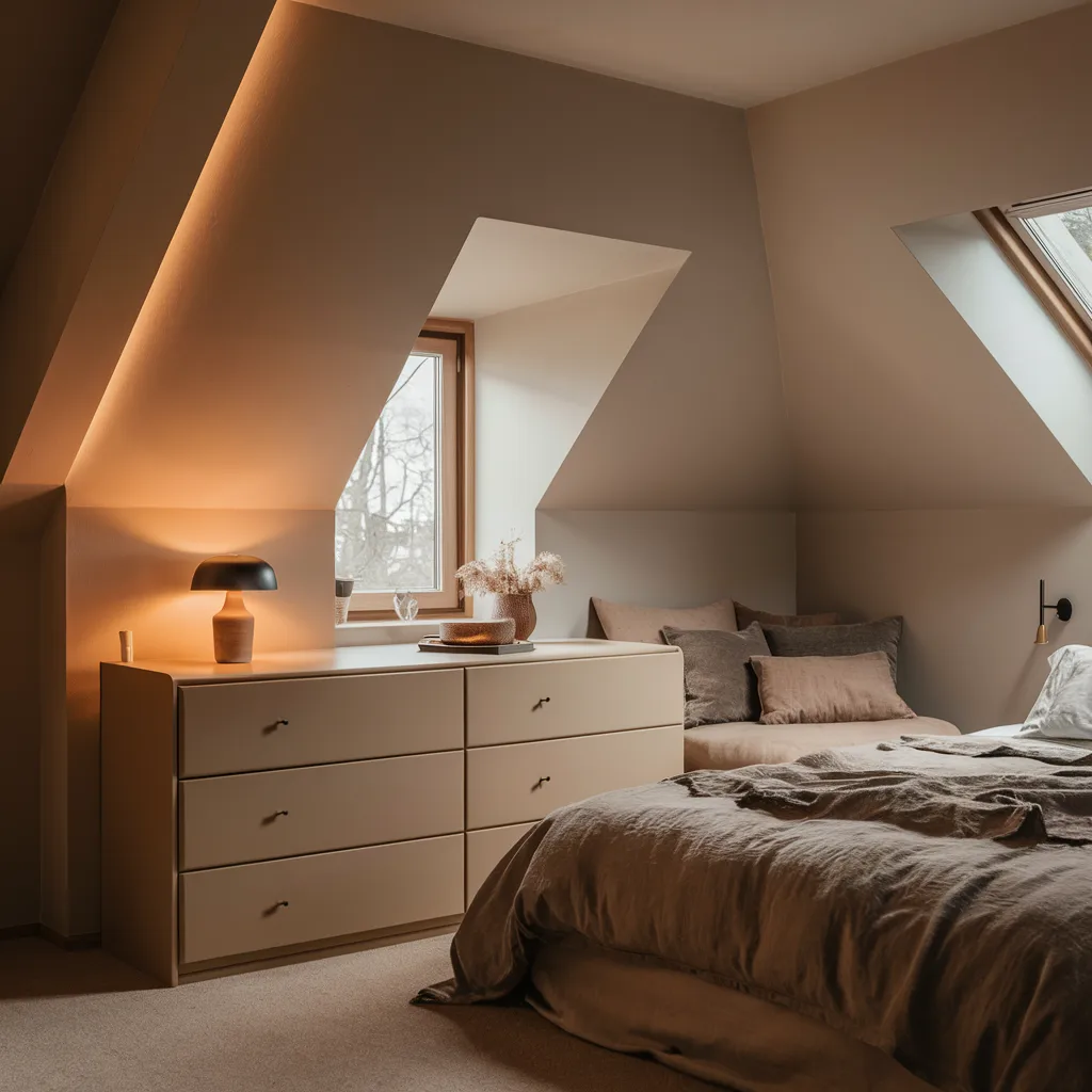 beige dresser in small bedroom