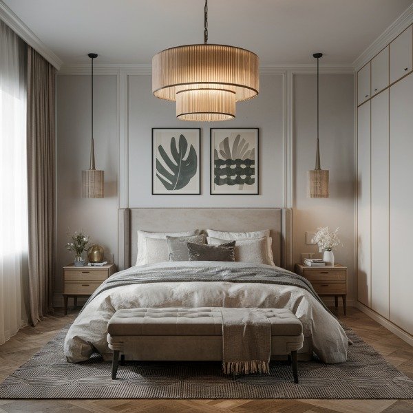 beige chandelier in bedroom that is modern, paints on wall