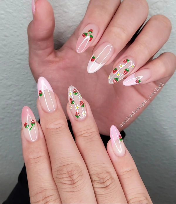 French tip almond nails with starwbarries