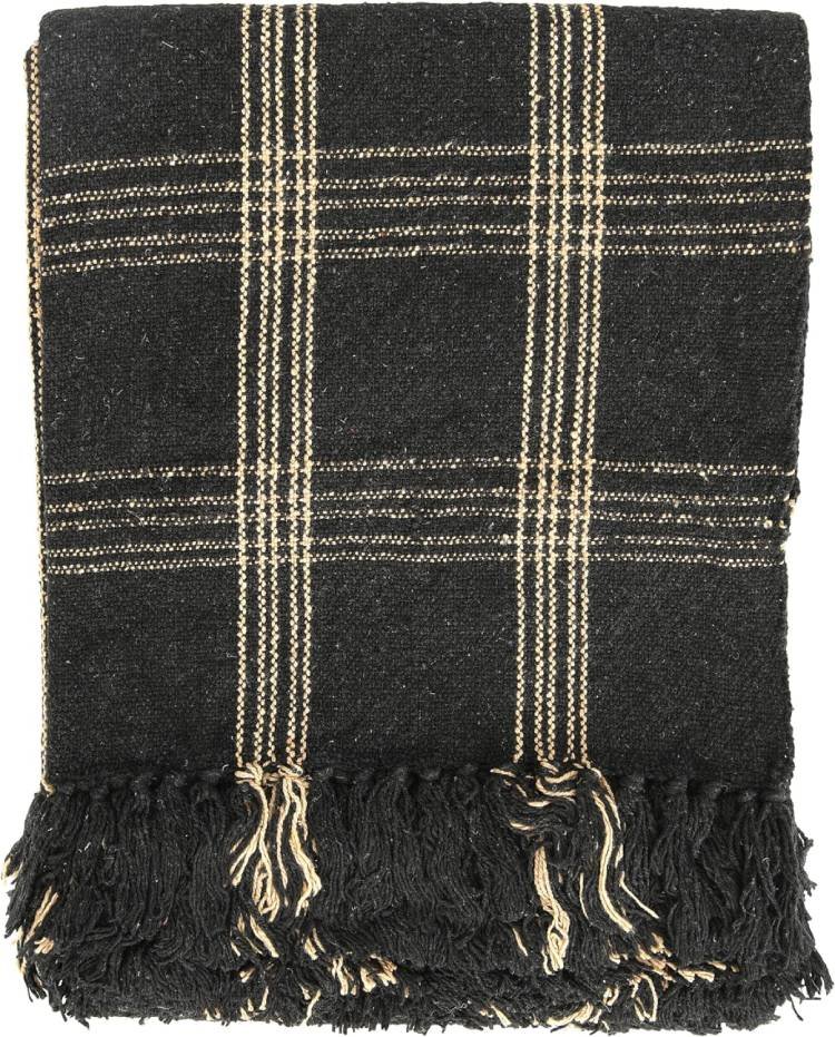 Plaid Black & Tan Fringed Woven Cotton Blend Throw